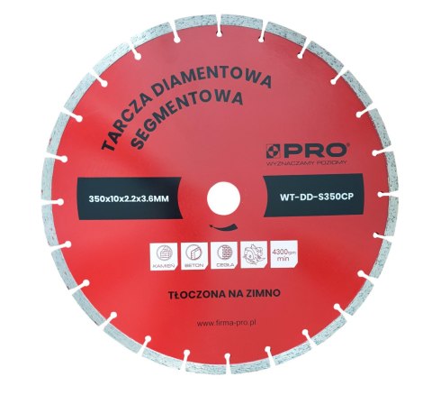 TARCZA DIAMENTOWA SEGMENTOWA TŁOCZONA NA ZIMNO 350x10x2.2x3.6MM WT-DD-S350CP